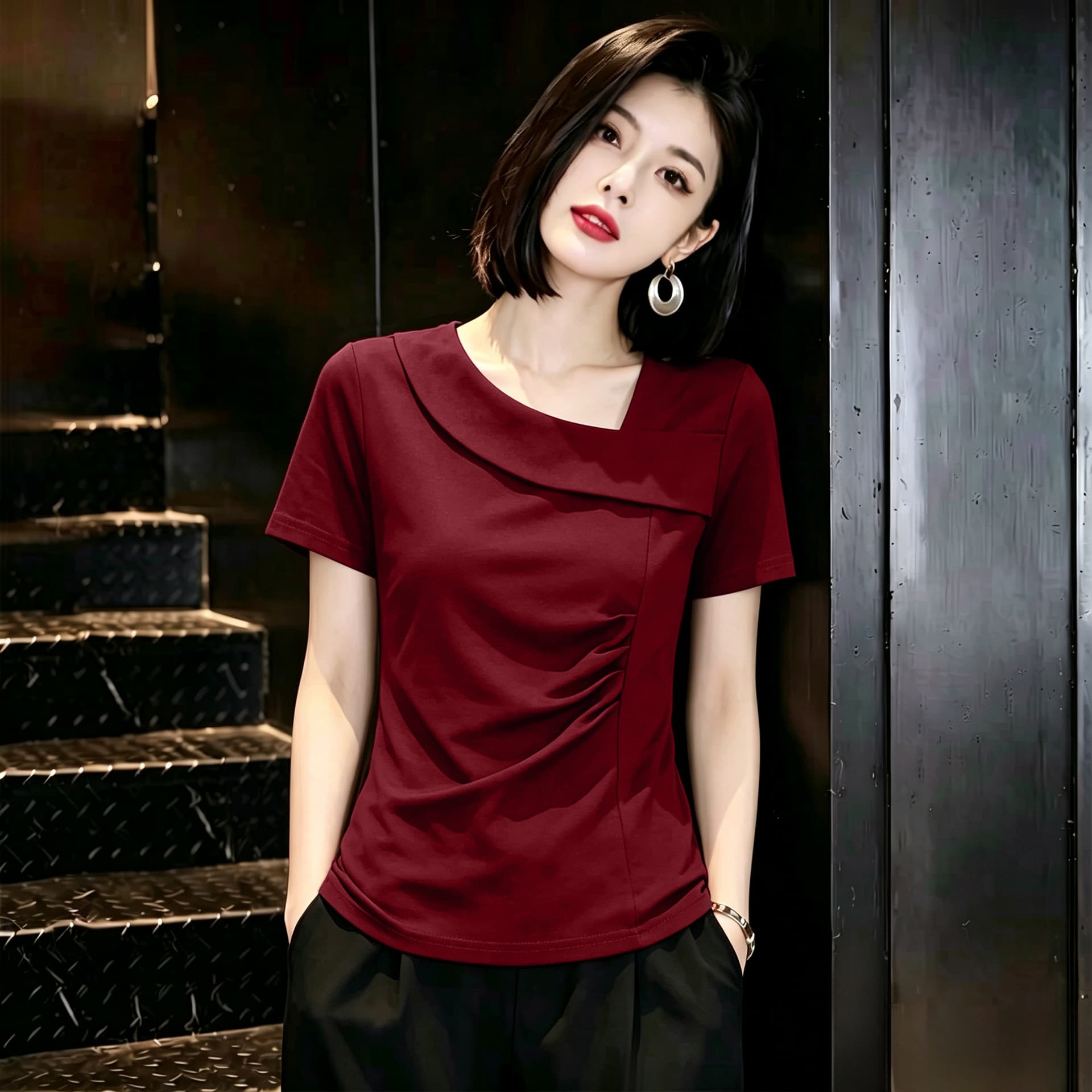 디자인 센스 패션 긍정적 인 어깨 슬림해 보이는 반팔 순면 티셔츠 여성 여름 드레스 새로운 다용도 대양 품격 불규칙 맨위 이미지 2