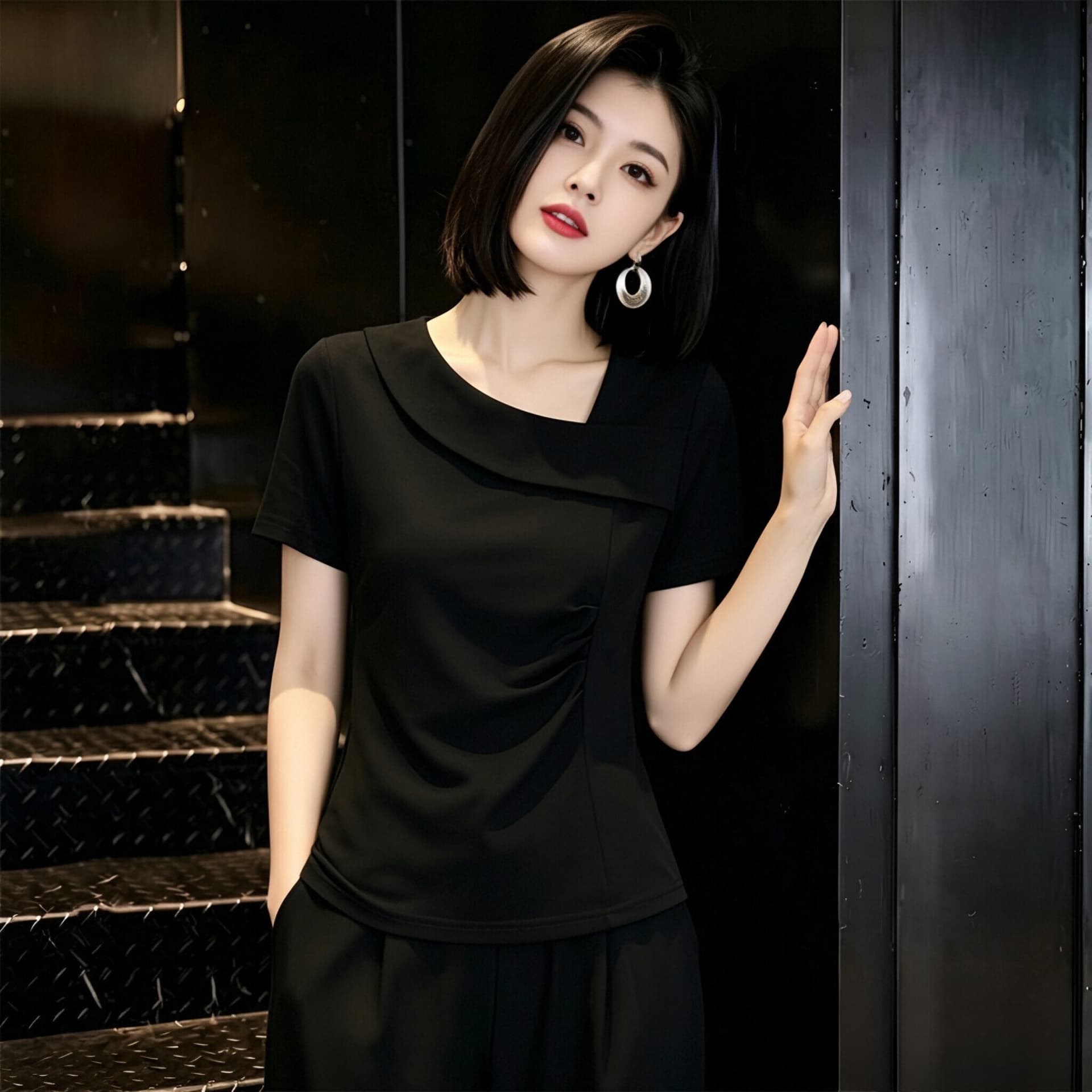 디자인 센스 패션 긍정적 인 어깨 슬림해 보이는 반팔 순면 티셔츠 여성 여름 드레스 새로운 다용도 대양 품격 불규칙 맨위 상세 이미지 5