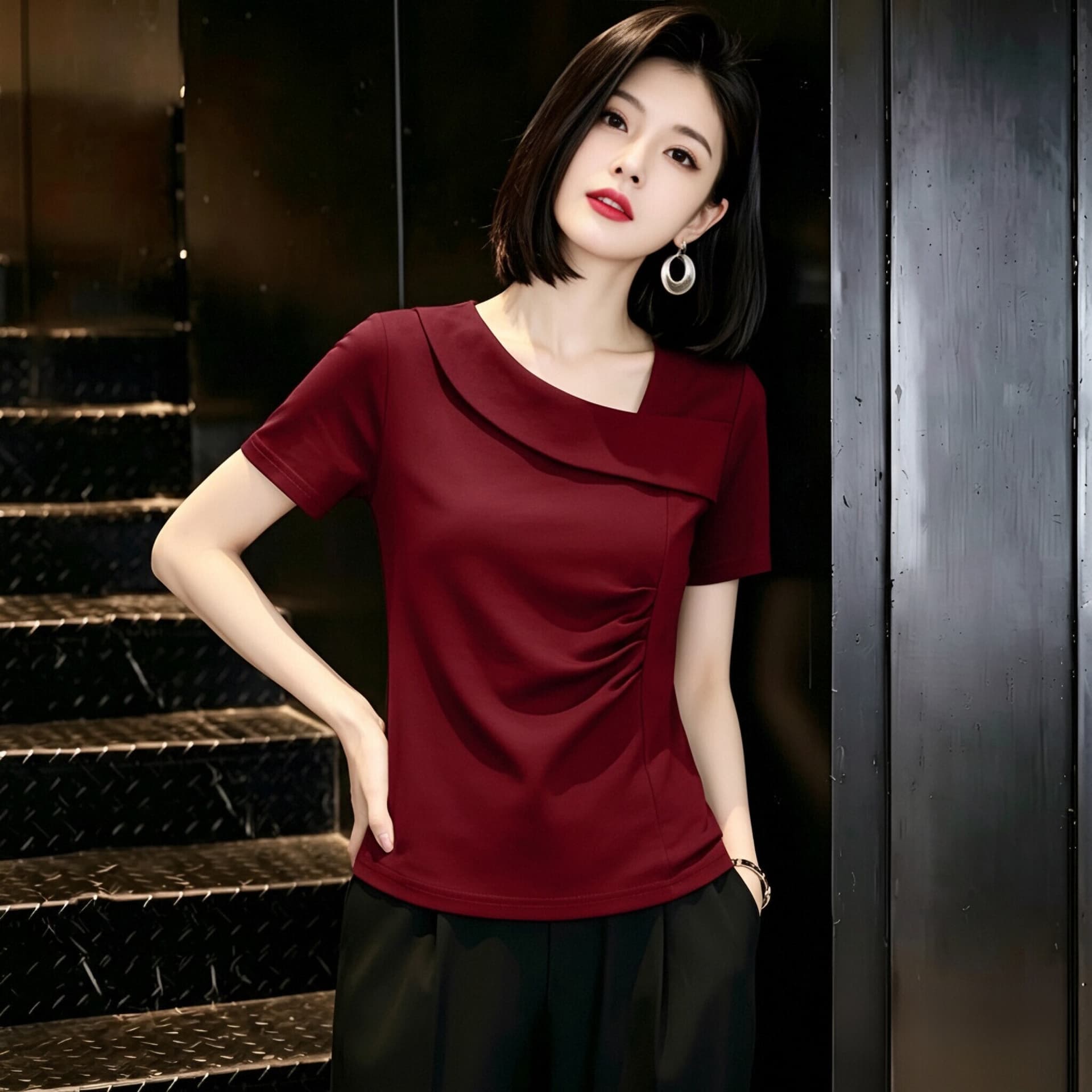 디자인 센스 패션 긍정적 인 어깨 슬림해 보이는 반팔 순면 티셔츠 여성 여름 드레스 새로운 다용도 대양 품격 불규칙 맨위 상세 이미지 9