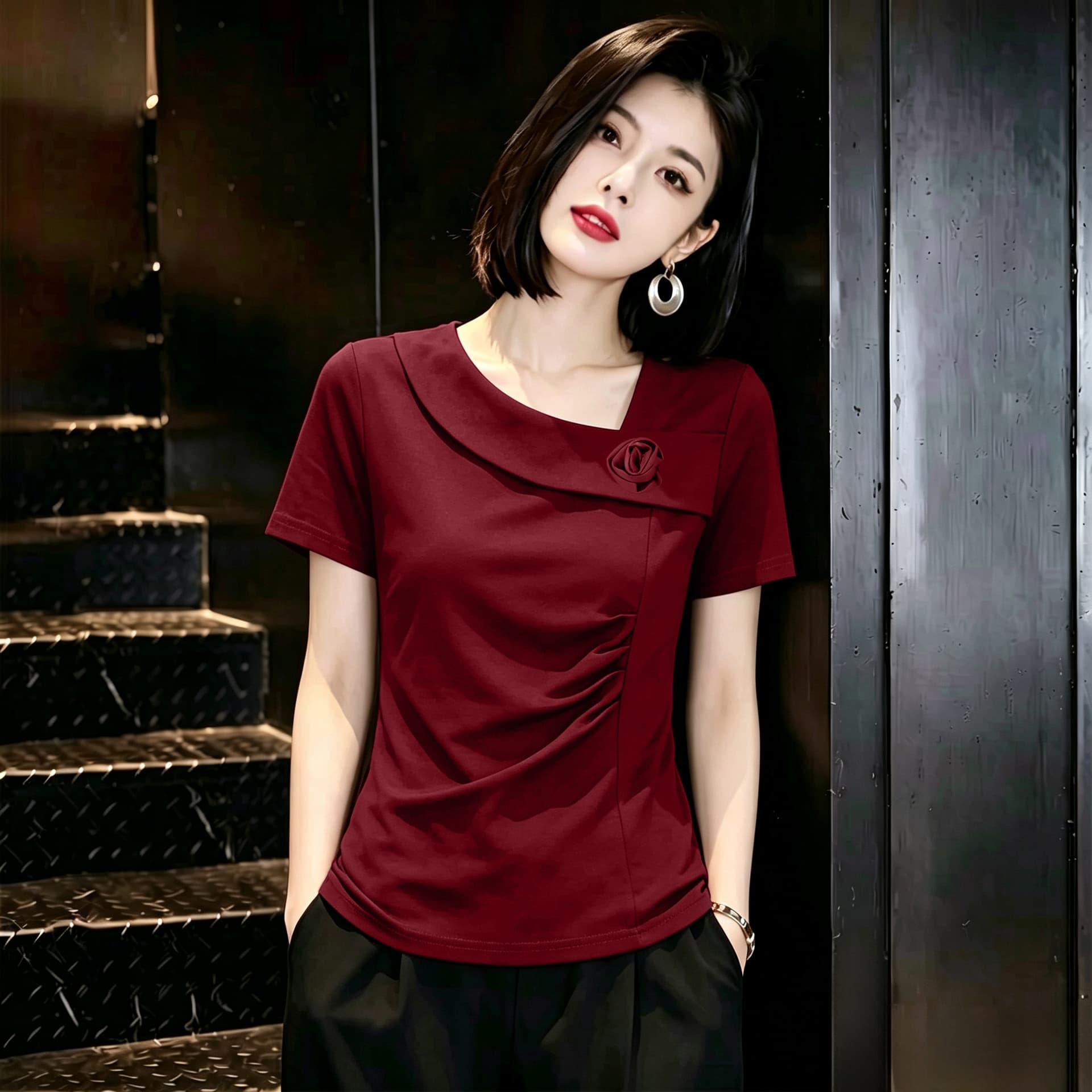 3 차원 꽃 반팔 티셔츠 여성 2026 새로운 여름 패션 외국 가스 작은 셔츠 Chic 허리 수축 엄마 맨위 이미지 3