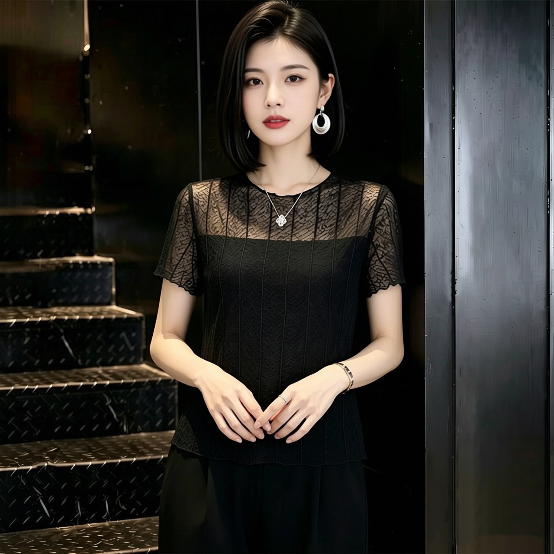 2026 여름 새로운 품격 프랑스식 빛 요리 한 바람 망사 얇은 스타일 몸매 가꾸기 슬림해 보이는 반팔 티셔츠 맨위 상세 이미지 5