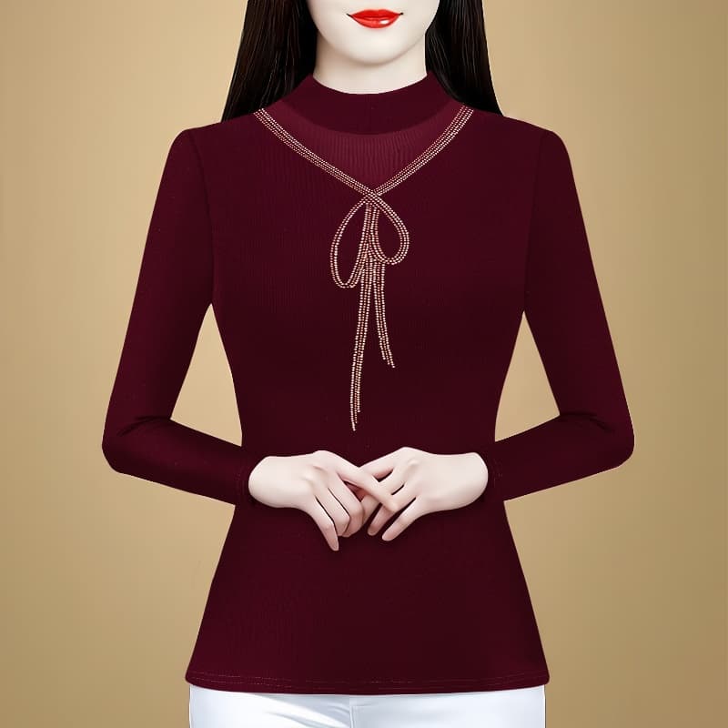 영 어머니 드레스 홀로우 아웃 망사 풀오버 긴팔 티셔츠 가을 새로운 외국 가스 작은 셔츠 중년 몸매 가꾸기 기본 셔츠 상세 이미지 1