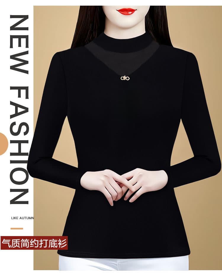 검정색 털이 있는 망사 라운드 넥 기본 셔츠 여성 가을 겨울 인사이드 가져 가라. 수 있습니다. 외출용 긴팔 티셔츠 몸매 가꾸기 고급 센스 맨위 상세 이미지 3