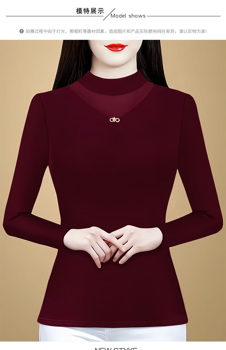 검정색 털이 있는 망사 라운드 넥 기본 셔츠 여성 가을 겨울 인사이드 가져 가라. 수 있습니다. 외출용 긴팔 티셔츠 몸매 가꾸기 고급 센스 맨위 상세 이미지 11