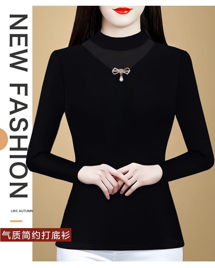 검정색 털이 있는 망사 라운드 넥 기본 셔츠 여성 가을 겨울 인사이드 가져 가라. 수 있습니다. 외출용 긴팔 티셔츠 몸매 가꾸기 고급 센스 맨위 상세 이미지 3