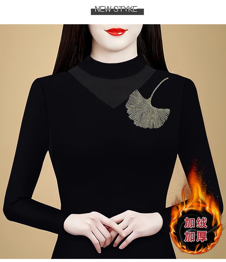 어머니 드레스 반하이넥 망사 기본 셔츠 2026 가을 새로운 중년 여성 핫픽스 긴팔 티셔츠 맨위 상세 이미지 15