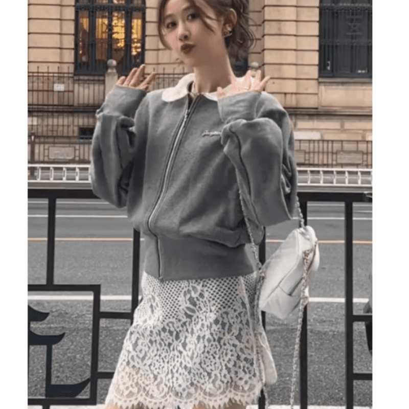 프랑스식 학원 스타일 베이비 칼라 후드티 오픈 가디건 여성 봄 가을 슬림해 보이는 다용도 재킷 레이스 패션 바지 투피스 세트