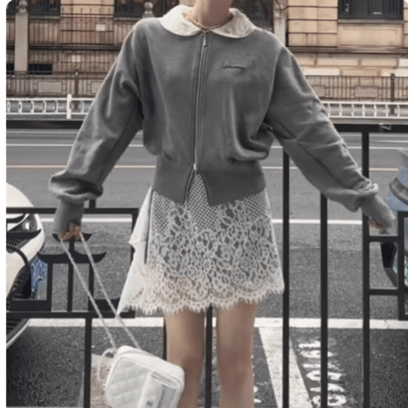 프랑스식 학원 스타일 베이비 칼라 후드티 오픈 가디건 여성 봄 가을 슬림해 보이는 다용도 재킷 레이스 패션 바지 투피스 세트 이미지 2