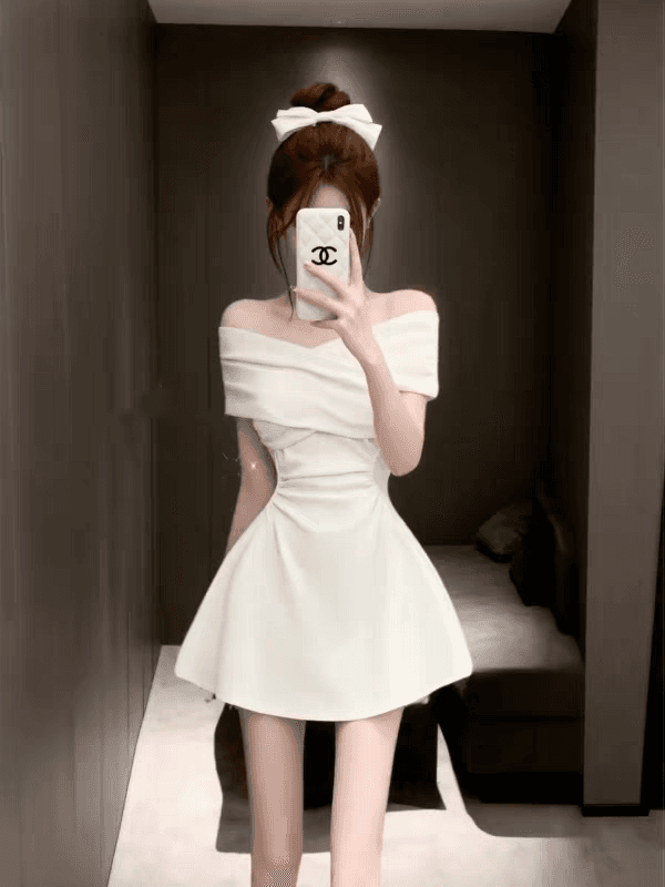 프랑스식 십자가 V넥 오프숄더 화이트 여성 드레스 여름 패션 빛 럭셔리 품격 허리 수축 한 마디 짧은 치마 이미지 3