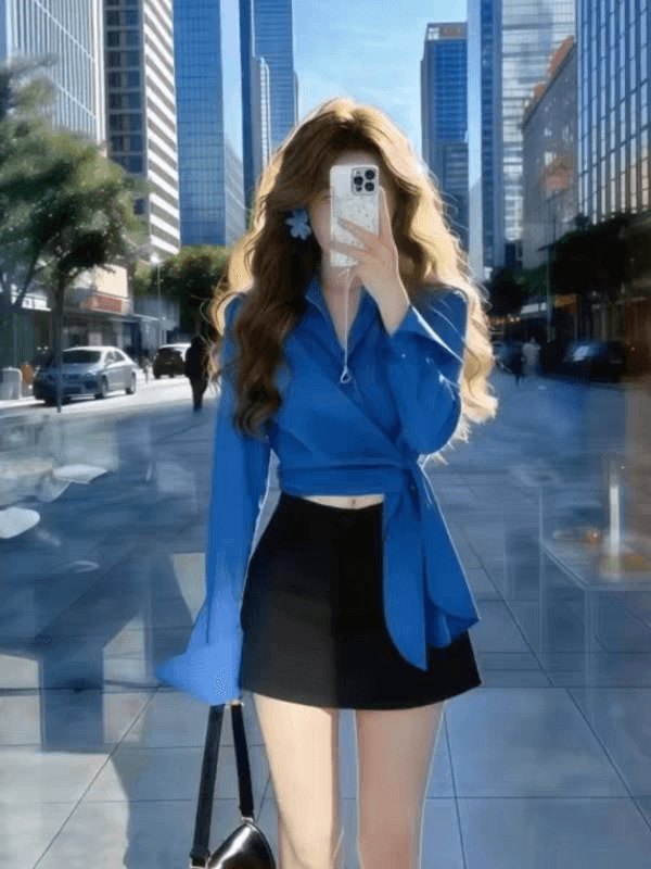 한 부서 자이언트 잘 생긴 파란색 폴로 칼라 스트랩 긴팔 여성 셔츠 이른 봄 아름다운 고유 한 허리 수축 슬림해 보이는 쇼트 스타일 맨위