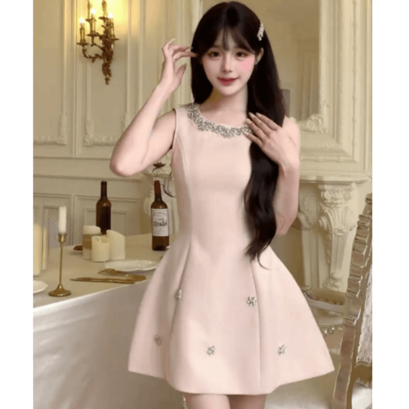 프랑스식 천 금빛 바람 나비 매듭 스와로브스키 민소매 여성 드레스 품격 명문 여성 바람 우아함 슬림해 보이는 한 마디 짧은 치마