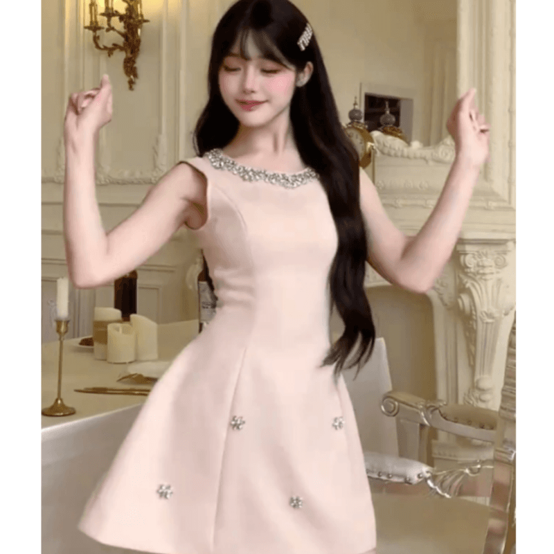프랑스식 천 금빛 바람 나비 매듭 스와로브스키 민소매 여성 드레스 품격 명문 여성 바람 우아함 슬림해 보이는 한 마디 짧은 치마 이미지 3