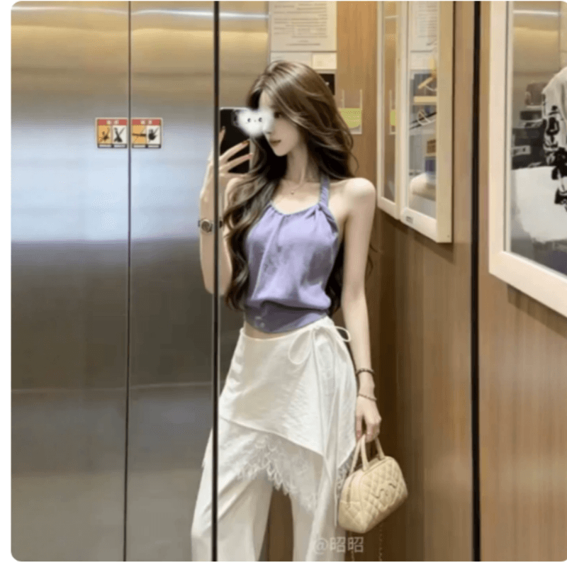 순수한 욕망 핫걸 보라색 비틀림 행침 목 캐미솔 여름 외출용 인사이드 가져 가라. 섹시함 백리스 디스플레이 얇고 작은 맨위