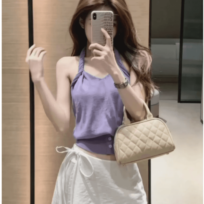 순수한 욕망 핫걸 보라색 비틀림 행침 목 캐미솔 여름 외출용 인사이드 가져 가라. 섹시함 백리스 디스플레이 얇고 작은 맨위 이미지 3