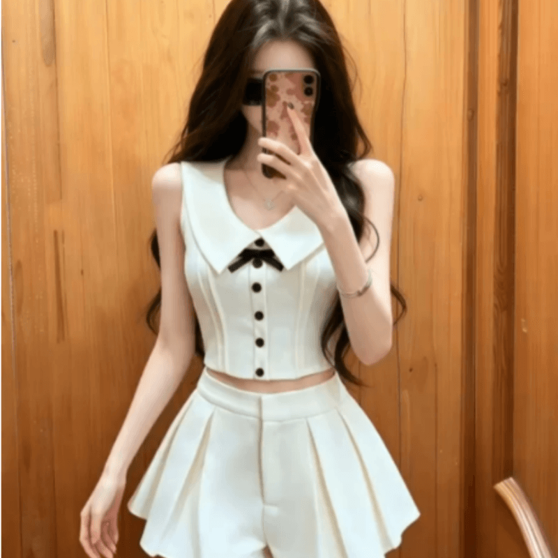 프랑스식 천 금빛 바람 세트 여성 여름 새로운 품격 폴로 칼라 나비 매듭 민소매 조끼 하이웨이스트 미니 스커트 투피스 세트 상세 이미지 1