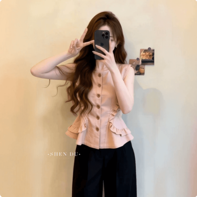 출퇴근 바람 핑크색 민소매 조끼 맨위 여성 의류 여름 새로운 프랑스식 작은 대중 라운드 넥 싱글 줄 버튼 주름 셔츠