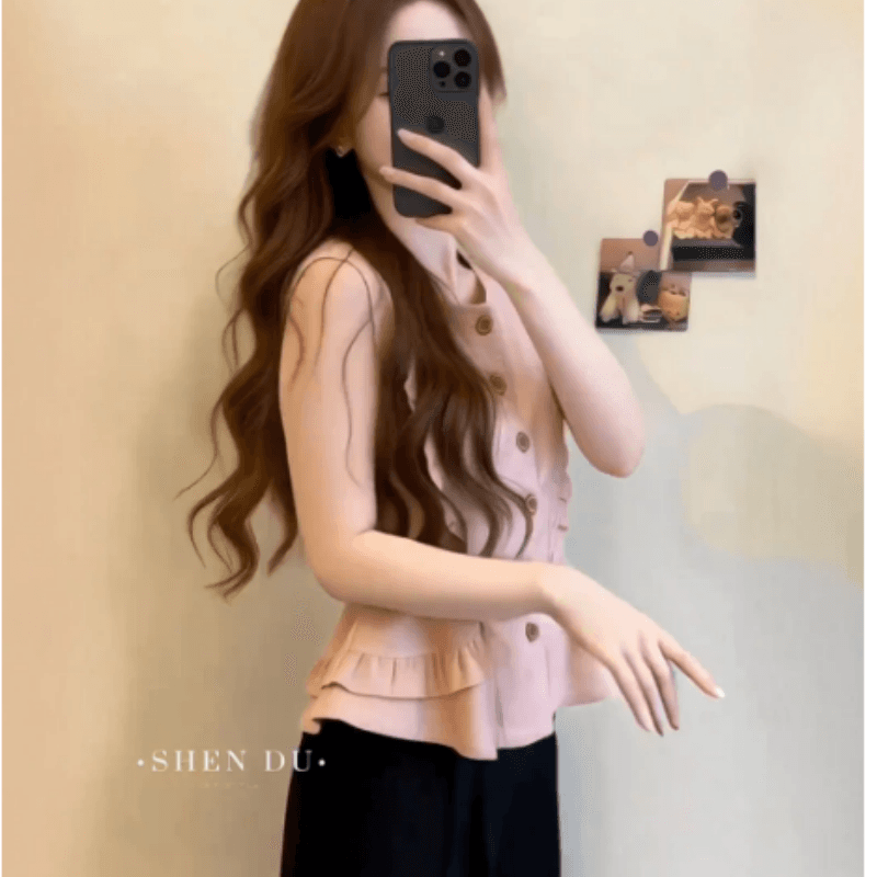 출퇴근 바람 핑크색 민소매 조끼 맨위 여성 의류 여름 새로운 프랑스식 작은 대중 라운드 넥 싱글 줄 버튼 주름 셔츠 이미지 2