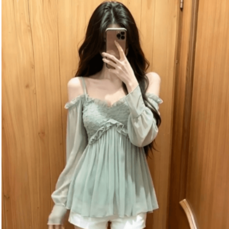 프랑스식 프릴 오프숄더 녹색 여성 셔츠 2026 여름 순수한 욕망 휴가 바람 루즈핏 Chic 아름다운 맨위