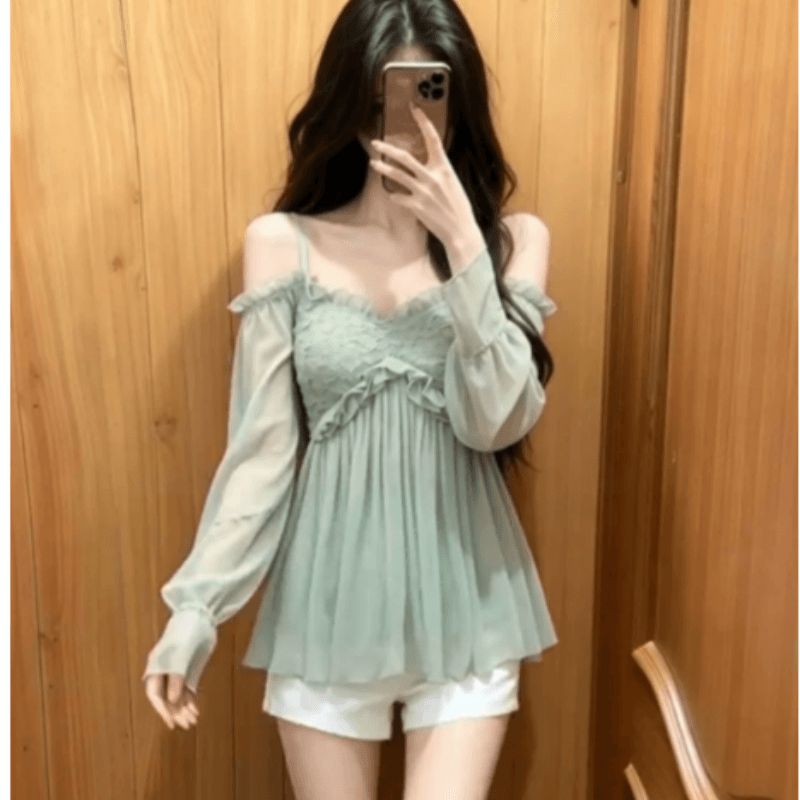 프랑스식 프릴 오프숄더 녹색 여성 셔츠 2026 여름 순수한 욕망 휴가 바람 루즈핏 Chic 아름다운 맨위 상세 이미지 1