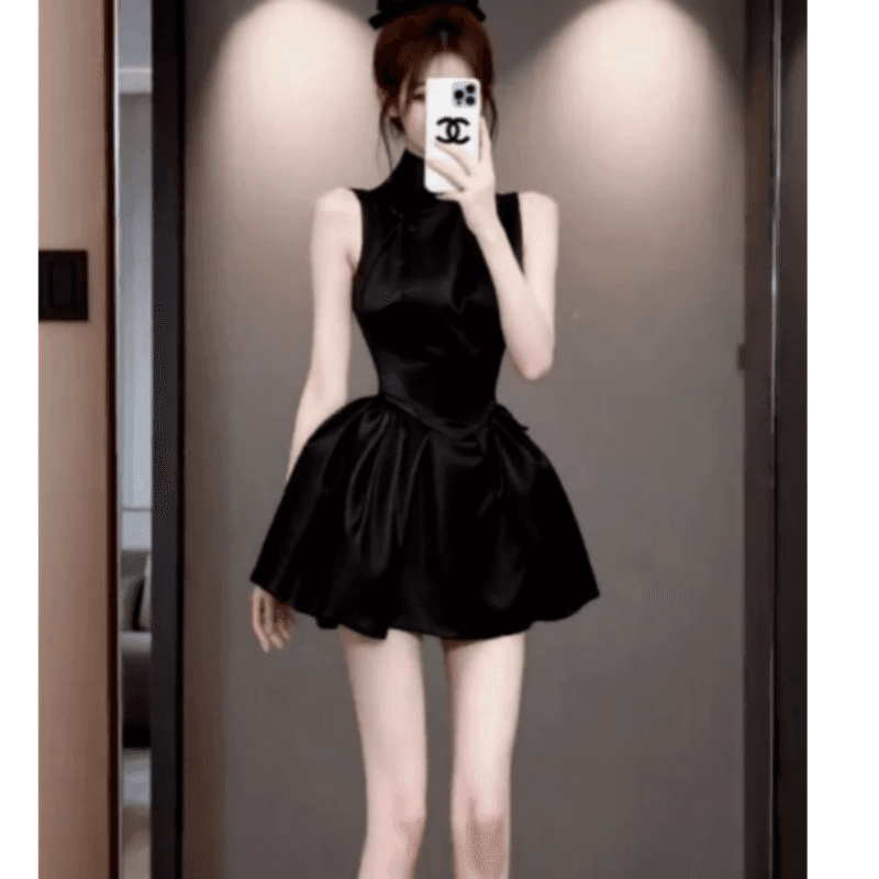 새로운 중식 스탠드 칼라 민소매 개선 치파오 여성 드레스 여름 새로운 프랑스식 품격 고급 센스 허리 수축 짧은 치마 이미지 3