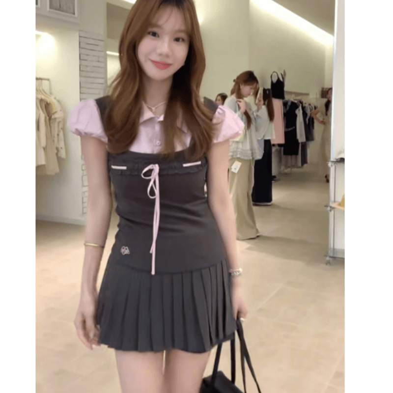 한 부서 학원 스타일 페이크 레이어드 거품 소매 셔츠 맨위 플리츠 치마 세트 여성 여름 작은 키 달콤함 투피스 세트