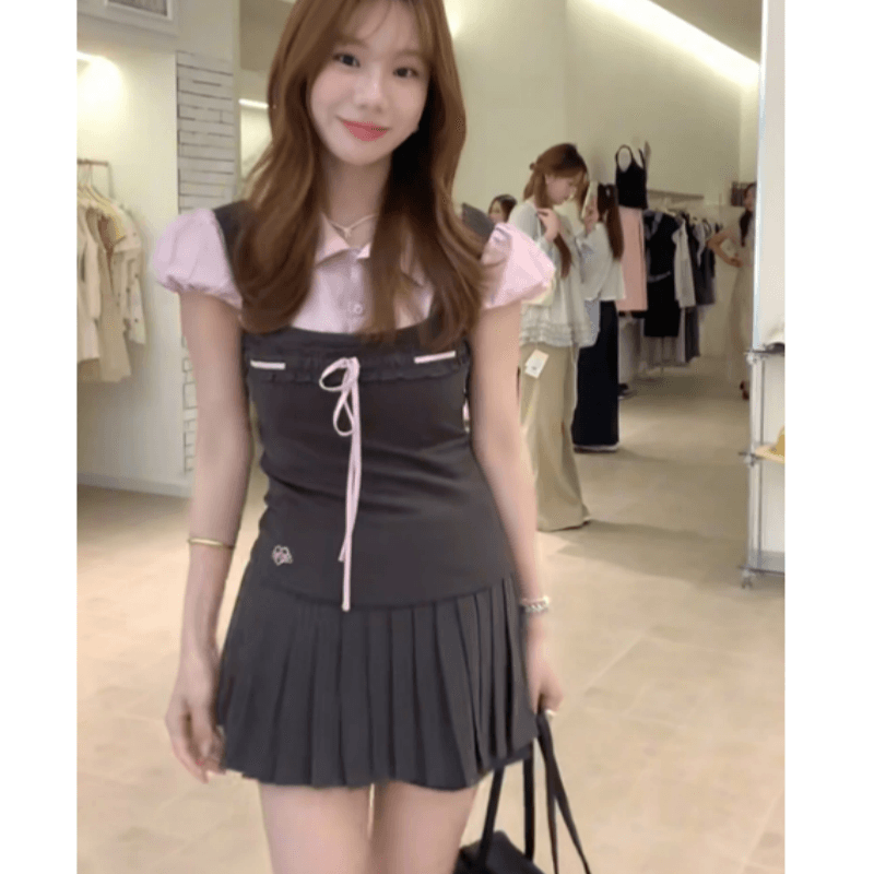 한 부서 학원 스타일 페이크 레이어드 거품 소매 셔츠 맨위 플리츠 치마 세트 여성 여름 작은 키 달콤함 투피스 세트 이미지 3