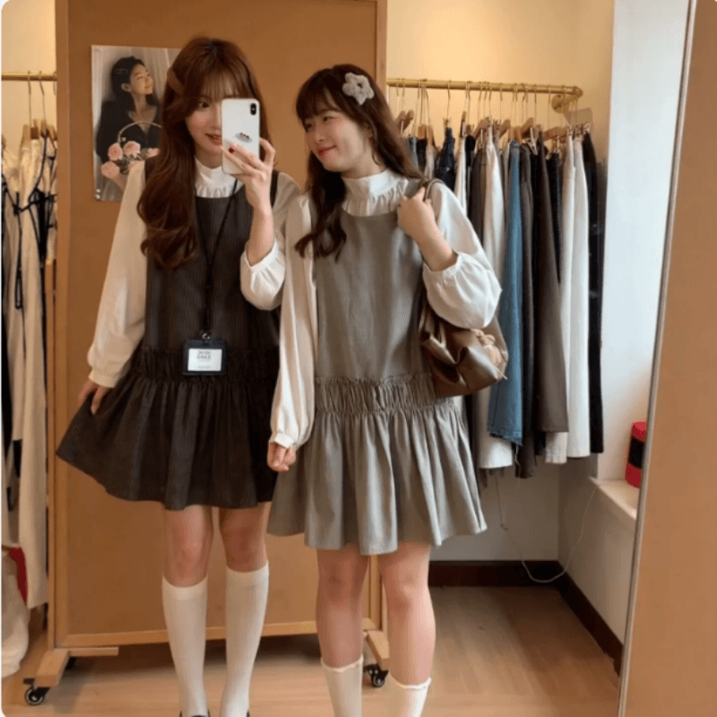 한 부서 조끼 원피스 스택 착용 긴팔 셔츠 두 조각 여성 세트 이른 가을 자이언트 잘 생긴 세트 캐주얼 데이트 착용 가져 가라.