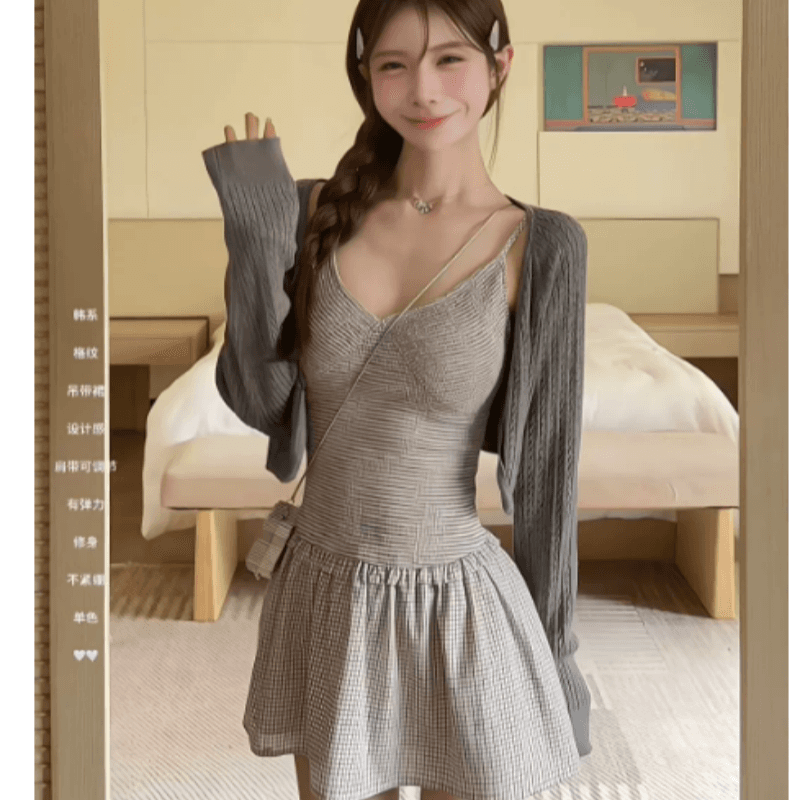 프랑스식 순수한 욕망 바람 체크무늬 슬립 여성 드레스 여름 새로운 섹시함 핫걸 V넥 허리 수축 민소매 한 마디 미니 스커트