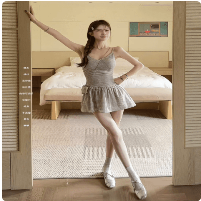 프랑스식 순수한 욕망 바람 체크무늬 슬립 여성 드레스 여름 새로운 섹시함 핫걸 V넥 허리 수축 민소매 한 마디 미니 스커트 이미지 3