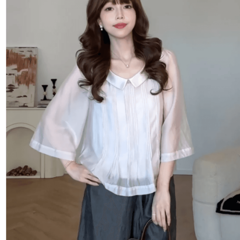보라색 폴로 칼라 7부 소매 여성 셔츠 2026 년 여름 새로운 프랑스식 디자인 센스 부드러운 달콤함 연령 감소 켜기 이미지 2