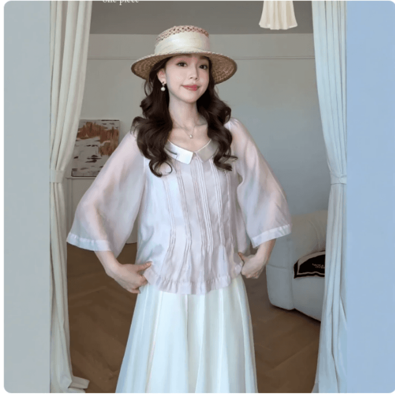 보라색 폴로 칼라 7부 소매 여성 셔츠 2026 년 여름 새로운 프랑스식 디자인 센스 부드러운 달콤함 연령 감소 켜기 상세 이미지 1