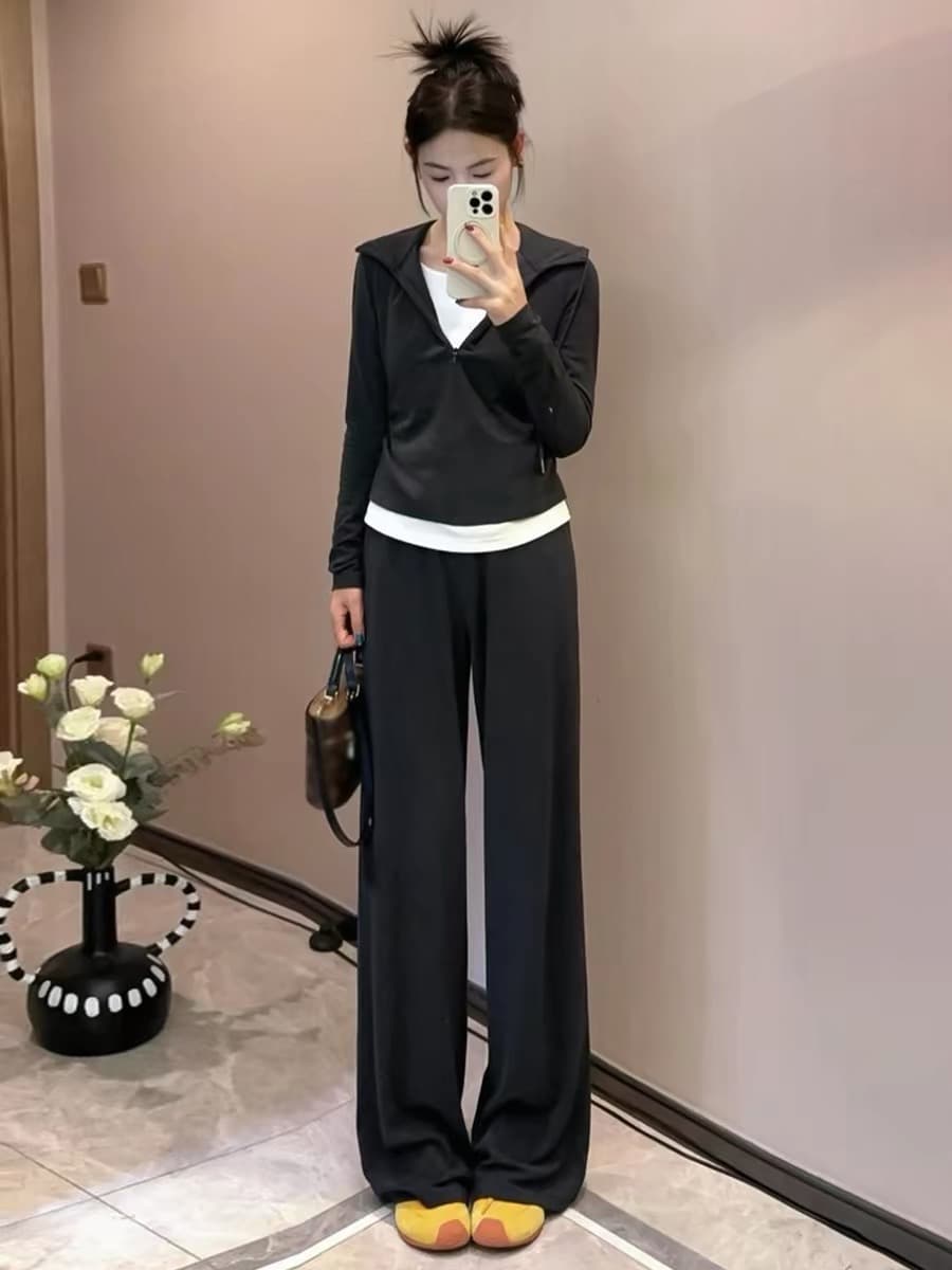 빅 사이즈 운동 캐주얼 세트 여성 봄 페이크 레이어드 맨위 지방 mm 슬림해 보이는 와이드 레그 팬츠 투피스 세트