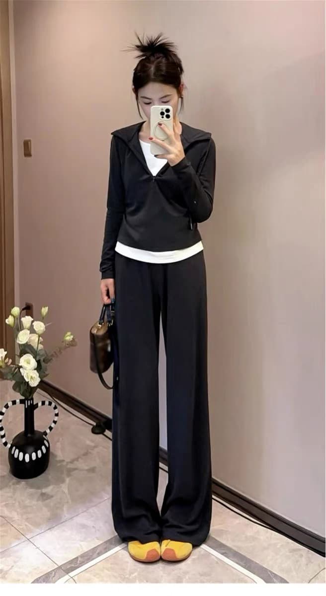 빅 사이즈 운동 캐주얼 세트 여성 봄 페이크 레이어드 맨위 지방 mm 슬림해 보이는 와이드 레그 팬츠 투피스 세트 상세 이미지 3