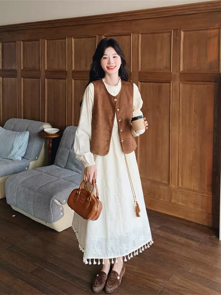 2026 봄 여름 새로운 빅 사이즈 허리 수축 슬림해 보이는 술 측면 드레스 라운드 넥 베스트 투피스 세트 이미지 3