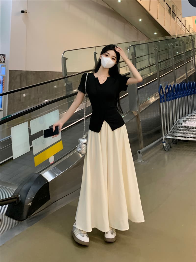 실사 빅 사이즈 세트 2026 여름 새로운 지방 mm 반팔 V넥 티셔츠 하이웨이스트 와이드 레그 팬츠 치마 투피스 세트 상세 이미지 5