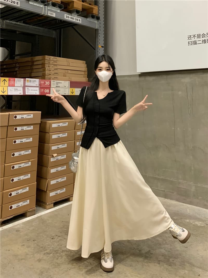실사 빅 사이즈 세트 2026 여름 새로운 지방 mm 반팔 V넥 티셔츠 하이웨이스트 와이드 레그 팬츠 치마 투피스 세트 상세 이미지 12