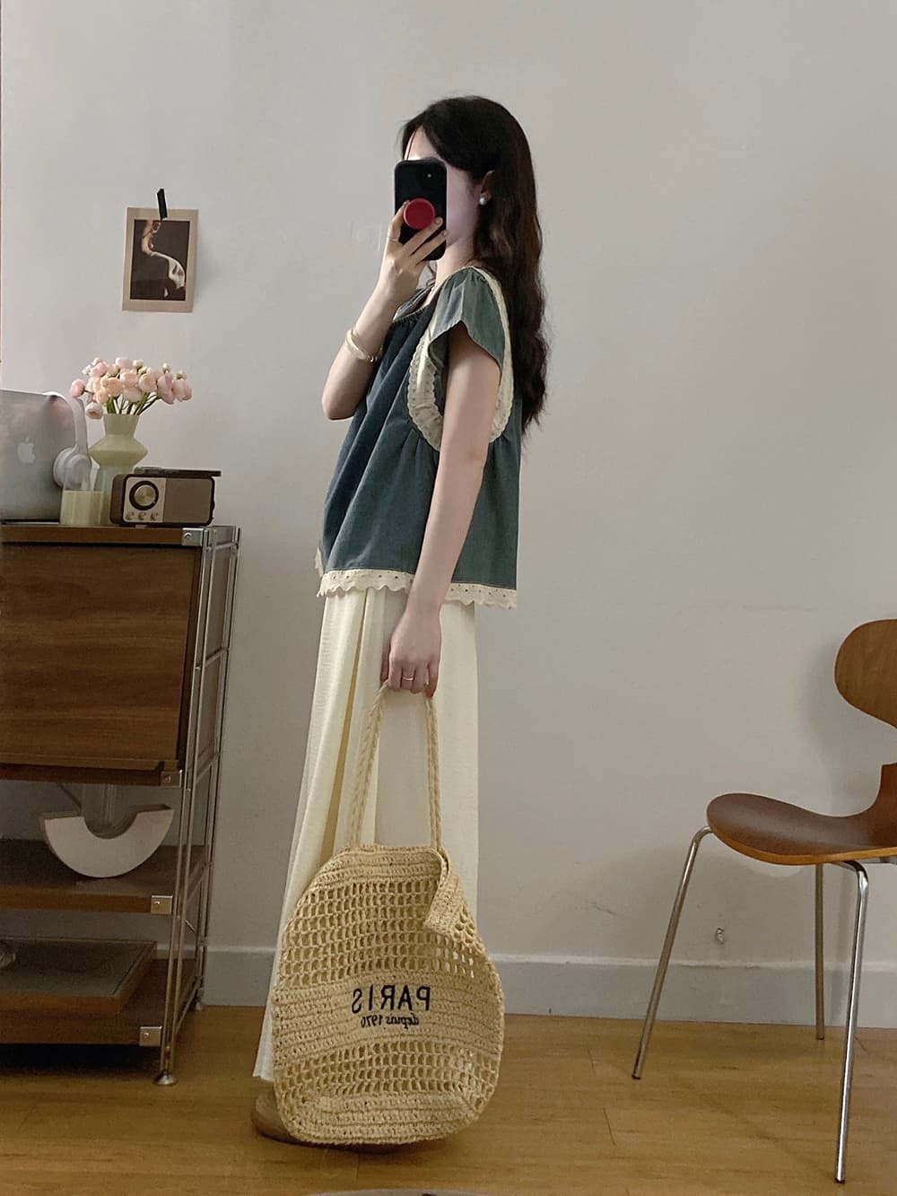 실사 빅 사이즈 세트 2026 여름 드레스 레트로 레이스 조각 데님 반팔 맨위 와이드 레그 팬츠 치마 투피스 세트 상세 이미지 15
