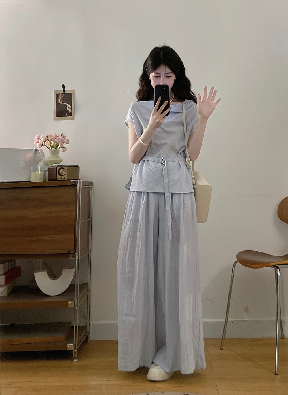 실사 빅 사이즈 세트 2026 여름 새로운 품격 허리 수축 레이스업 반팔 맨위 와이드 레그 팬츠 투피스 세트 상세 이미지 8