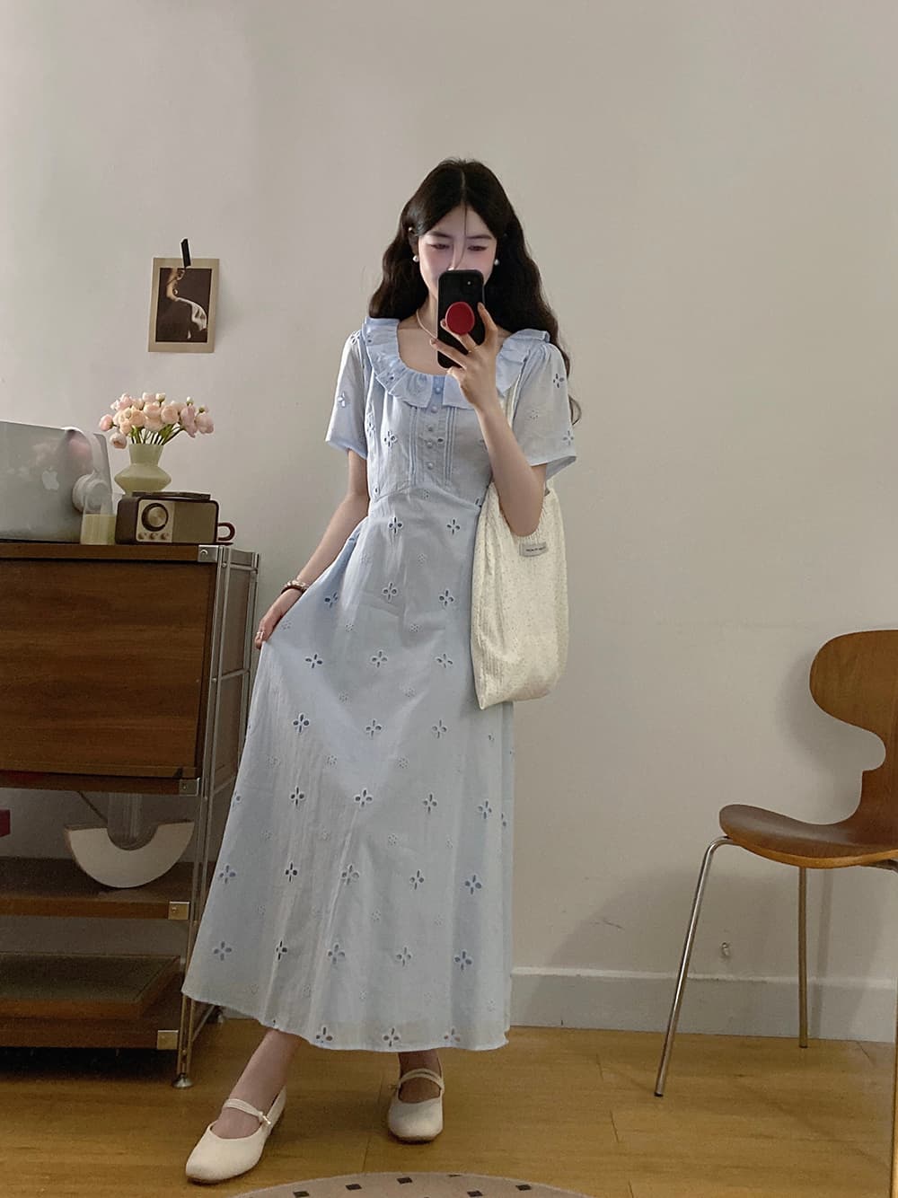 실사 빅 사이즈 드레스 2026 여름 드레스 새로운 지방 mm 프랑스식 품격 하이웨이스트 슬림해 보이는 광장 칼라 반팔 드레스 이미지 3