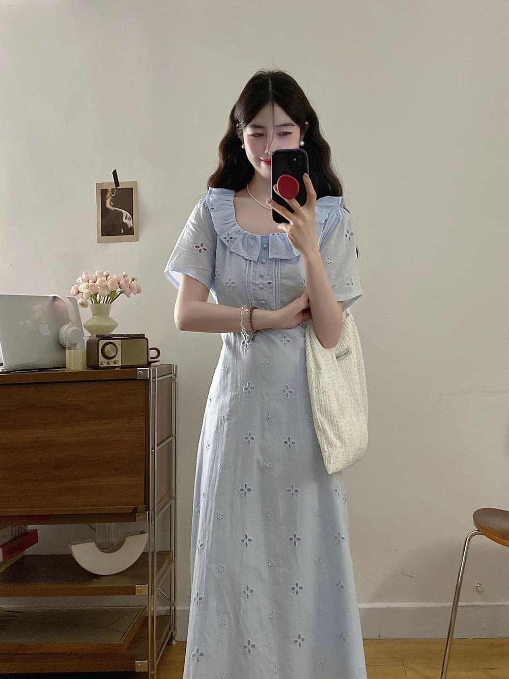 실사 빅 사이즈 드레스 2026 여름 드레스 새로운 지방 mm 프랑스식 품격 하이웨이스트 슬림해 보이는 광장 칼라 반팔 드레스 상세 이미지 10
