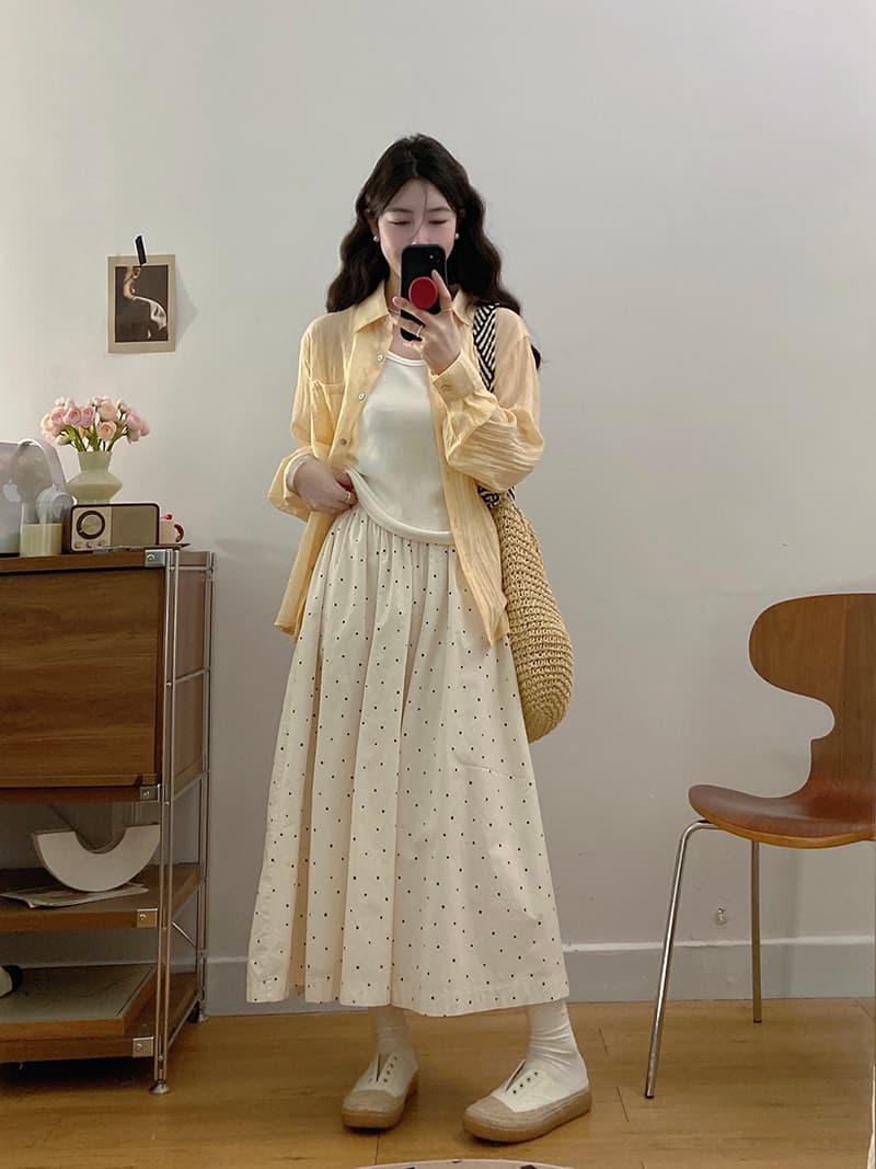 실사 2026 봄 여름 새로운 빅 사이즈 자외선 차단 셔츠 만나는 조끼 와이드 레그 팬츠 반신 스커트 세 조각 세트 상세 이미지 19