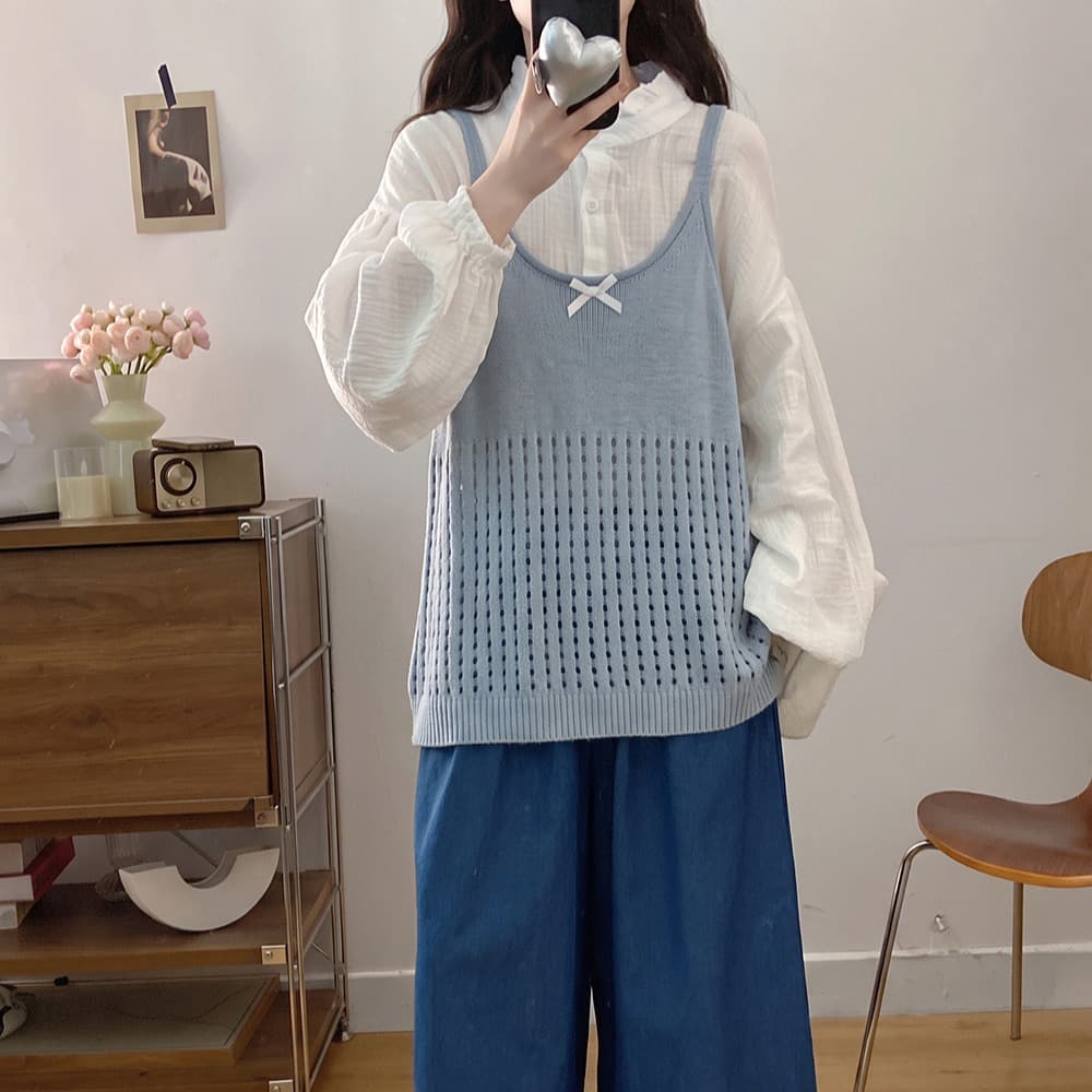 실사 빅 사이즈 세트 가을 새로운 홀로우 아웃 디자인 센스 니트 조끼 긴팔 셔츠 와이드 레그 팬츠 3종 세트 이미지 5