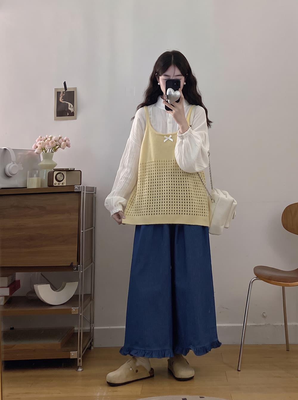 실사 빅 사이즈 세트 가을 새로운 홀로우 아웃 디자인 센스 니트 조끼 긴팔 셔츠 와이드 레그 팬츠 3종 세트 상세 이미지 18