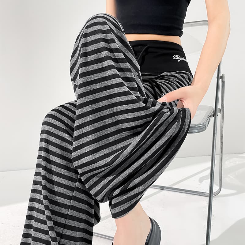 패치워크 뒤집다 허리 펌프 로프 느긋한 도루 도루 바지 배색 스트라이프 부츠컷 슬림해 보이는 다용도 운동 긴 바지 이미지 5