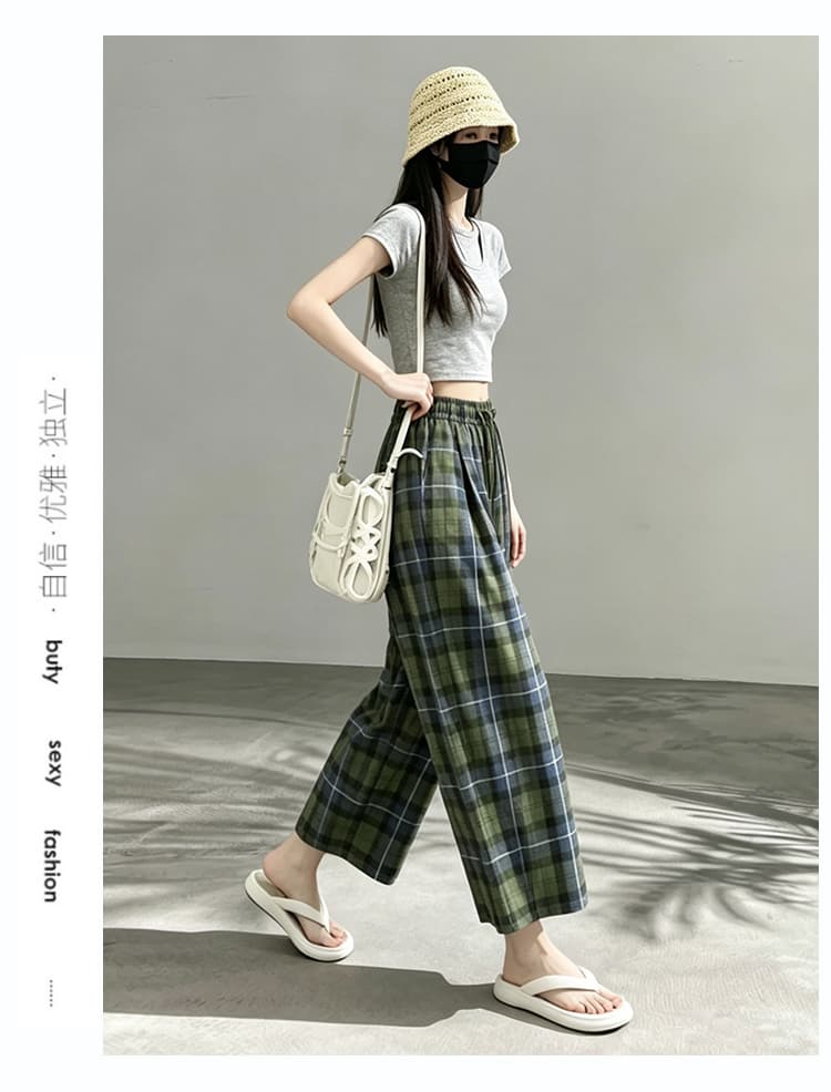여름 새로운 얇은 스타일 통기성 녹색 체크무늬 와이드 레그 팬츠 허리밴드 패션 다용도 한 부서 캐주얼 배기 바지 트렌디 상세 이미지 22
