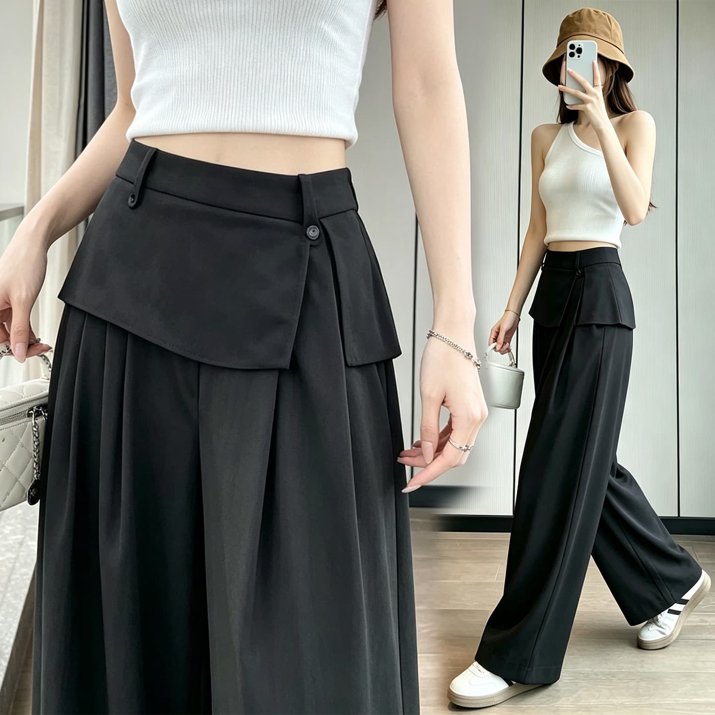 페이크 레이어드 트임 방귀 커튼 바지 여성 얇은 스타일 2026 이른 가을 새로운 루즈핏 도루 센스 캐주얼 넓은 다리 길이 바지 이미지 3