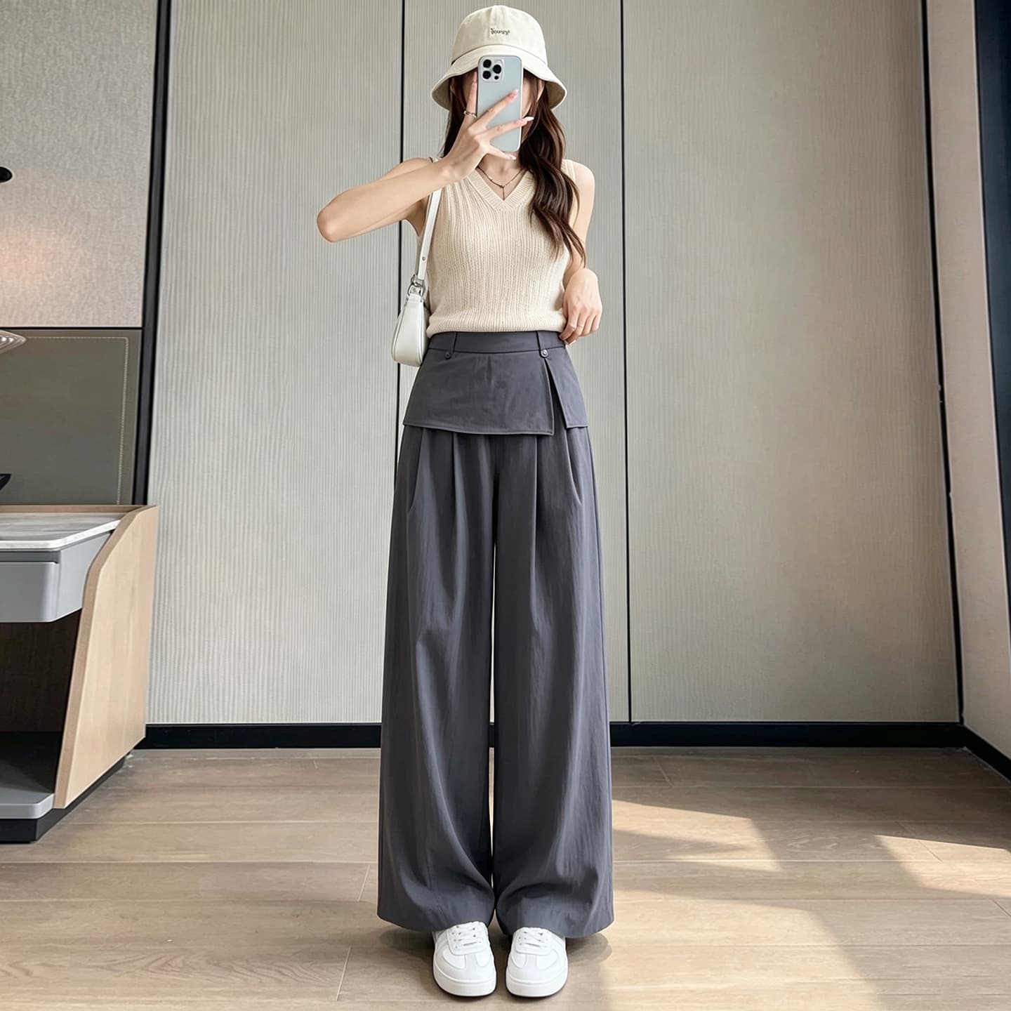 페이크 레이어드 트임 방귀 커튼 바지 여성 얇은 스타일 2026 이른 가을 새로운 루즈핏 도루 센스 캐주얼 넓은 다리 길이 바지 이미지 4