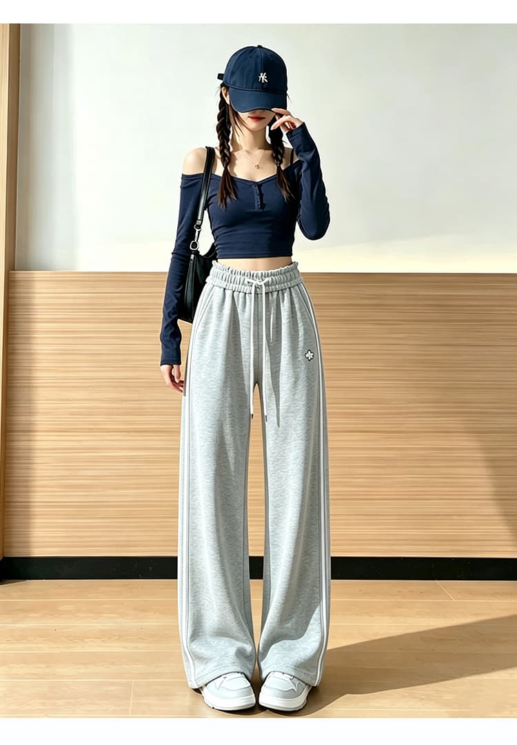 가을 의상 새로운 우유 피부 면 레트로 배색 바 기사 스트레이트 여성 루즈핏 운동 바지 캐주얼 긴 바지 상세 이미지 25