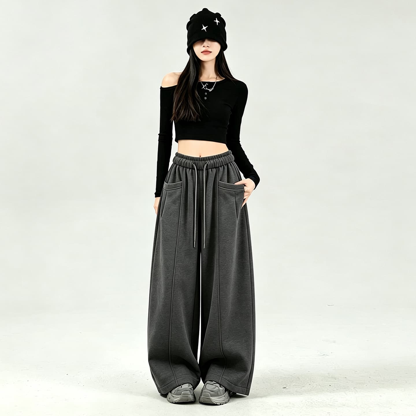 캐주얼 바지 여성 허리밴드 펌프 로프 와이드 레그 팬츠 가을 루즈핏 슬림해 보이는 바지 스트레이트 와이드 레그 팬츠 바닥 청소 바지 웨이 바지 이미지 4