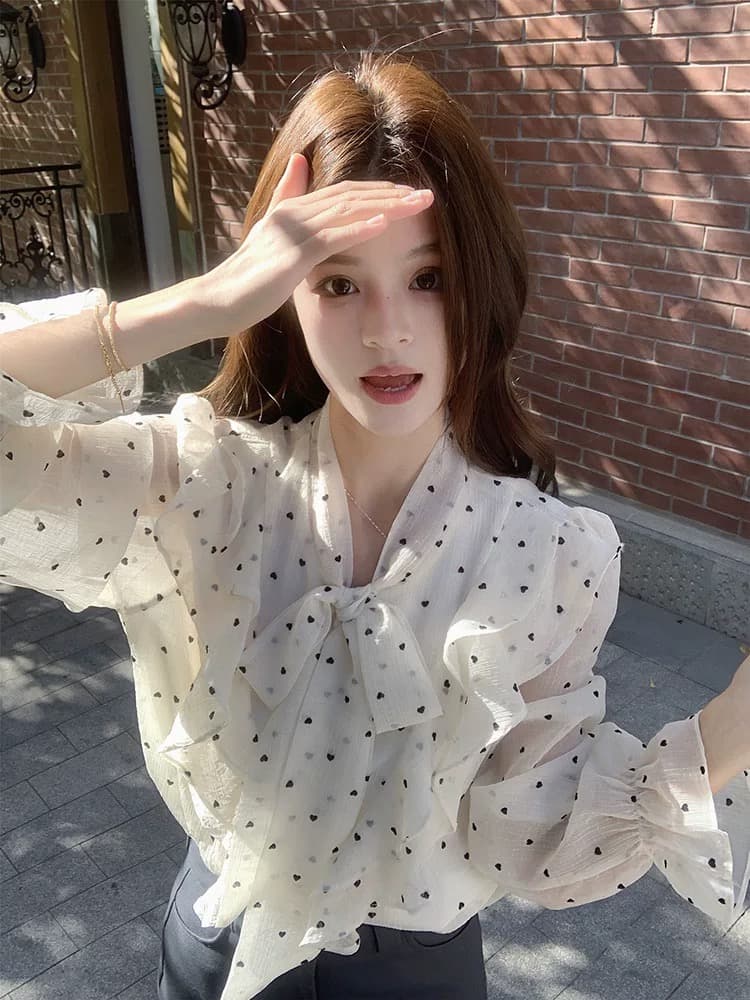 하늘색 스트라이프 프릴 폴로 칼라 긴팔 셔츠 여자 2026 새로운 봄 드레스 빛 럭셔리 연령 감소 프랑스식 맨위 이미지 4